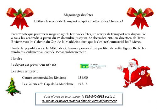 Utilisez le service de Transport adapté et collectif des Chenaux pour votre magasinage des Fêtes !