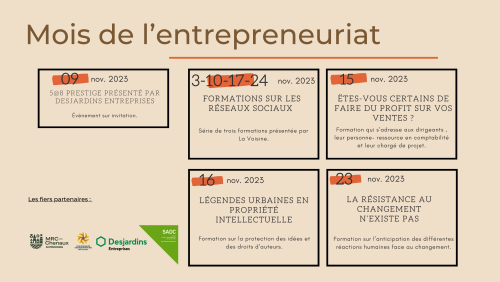 Conférences et formations du Mois de l’entrepreneuriat et la Campagne « J’me fais un cadeau » – édition 2023