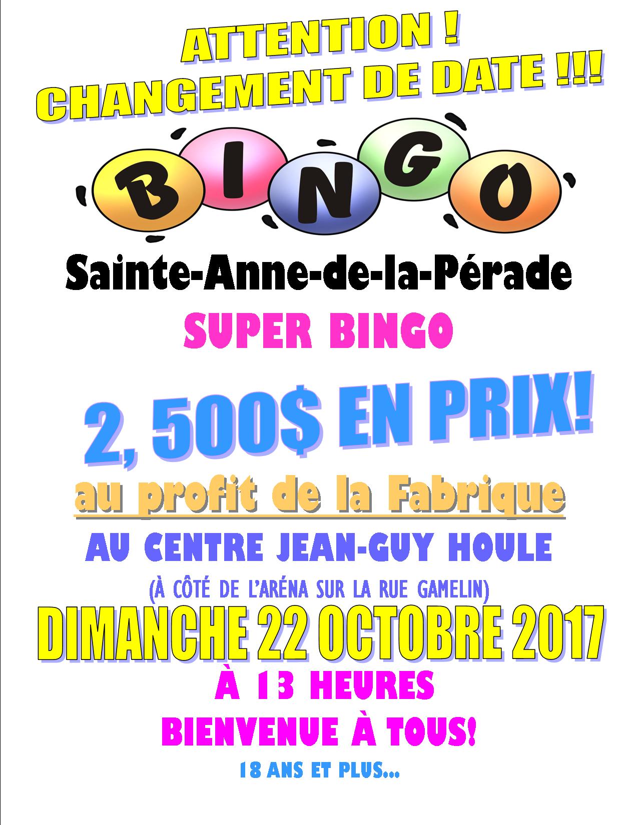 BINGO SAINTE-ANNE-DE-LA-PÉRADE – DIMANCHE 22 OCTOBRE 2017