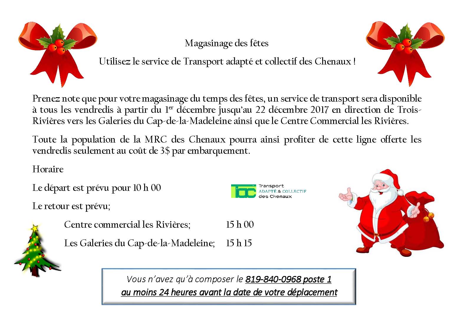 Utilisez le service de Transport adapté et collectif des Chenaux pour votre magasinage des Fêtes !